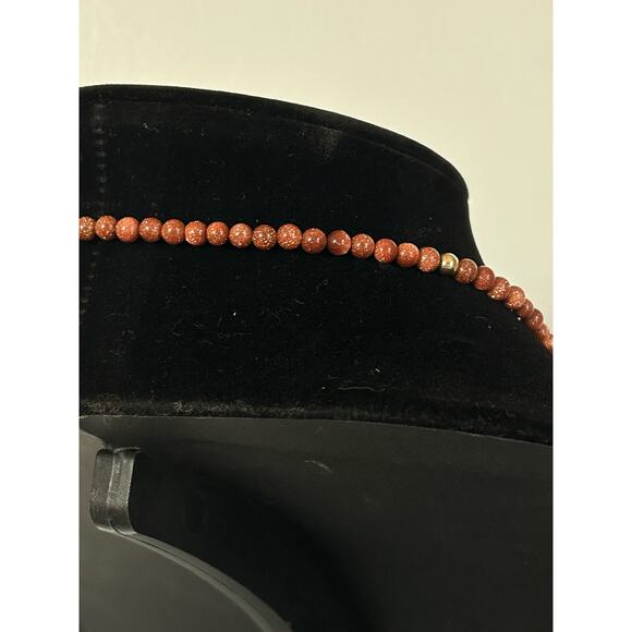 Handmade Orange Goldstone Necklace, 15.5in, Goldtone Accents and a Crystal Donut - Picture 6 of 8